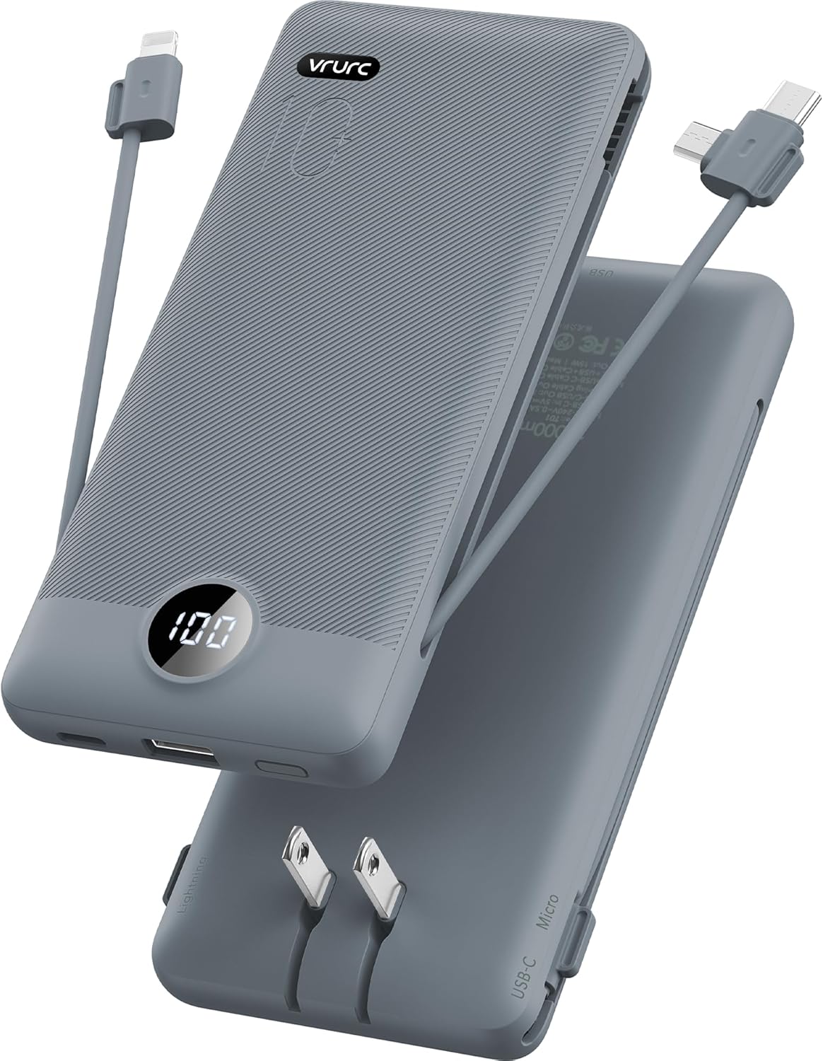 VRURC Portable Charger Built-in Cables and AC Wall Plug, USB C Power Bank 10000mAh, Portable Phone Charger Compact Lightweight External Battery Pack for Smart Phones, Tablets etc-Grey
