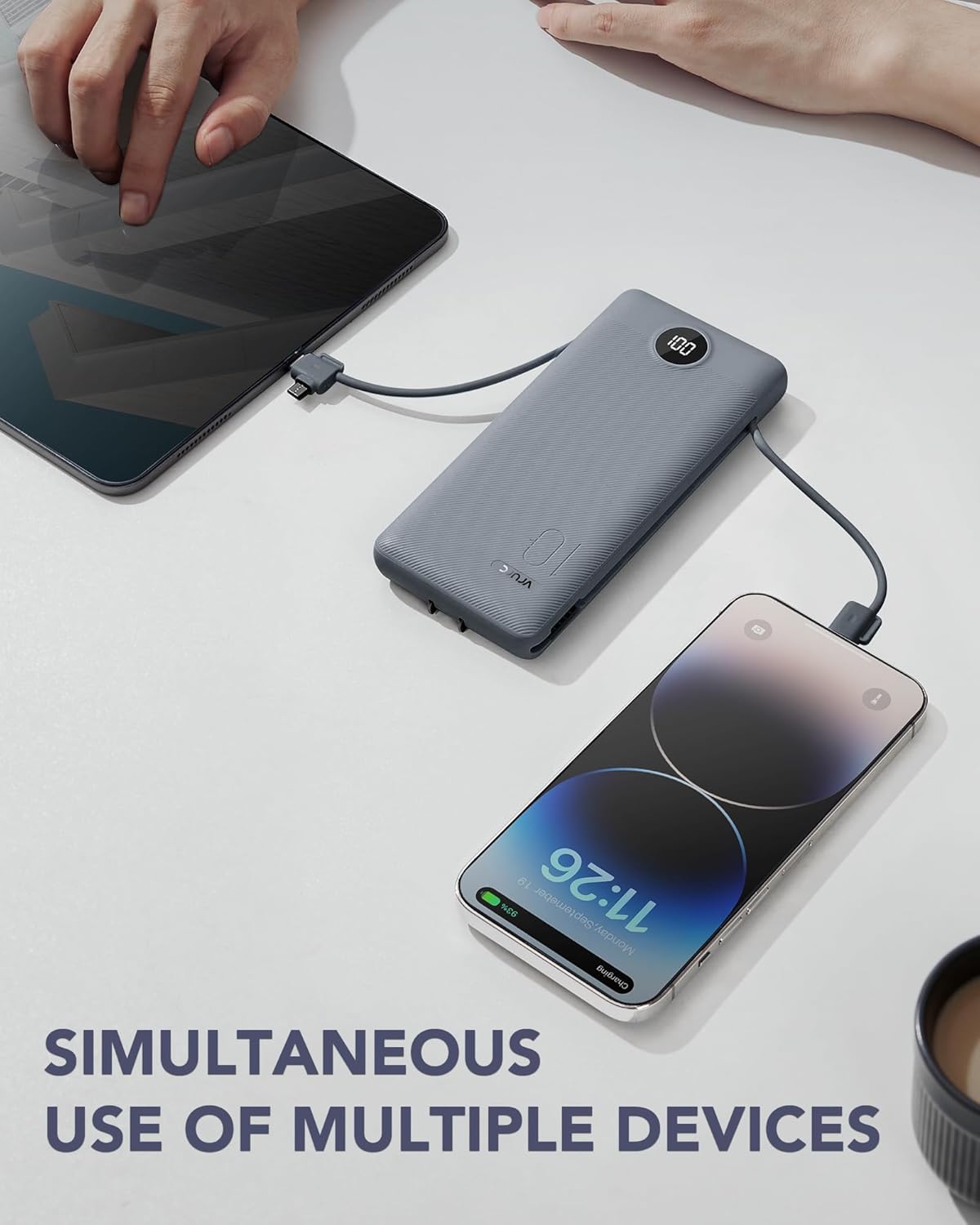 VRURC Portable Charger Built-in Cables and AC Wall Plug, USB C Power Bank 10000mAh, Portable Phone Charger Compact Lightweight External Battery Pack for Smart Phones, Tablets etc-Grey - Image 6