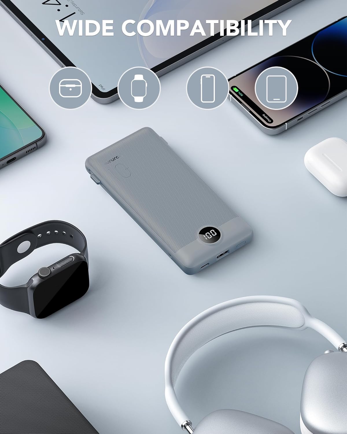 VRURC Portable Charger Built-in Cables and AC Wall Plug, USB C Power Bank 10000mAh, Portable Phone Charger Compact Lightweight External Battery Pack for Smart Phones, Tablets etc-Grey - Image 7